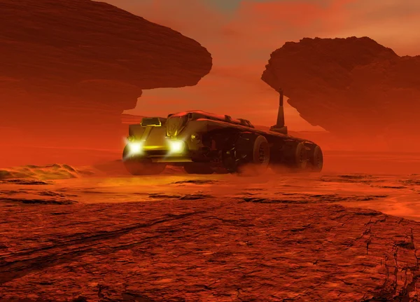 Planet Mars surface with vehicle driving on it