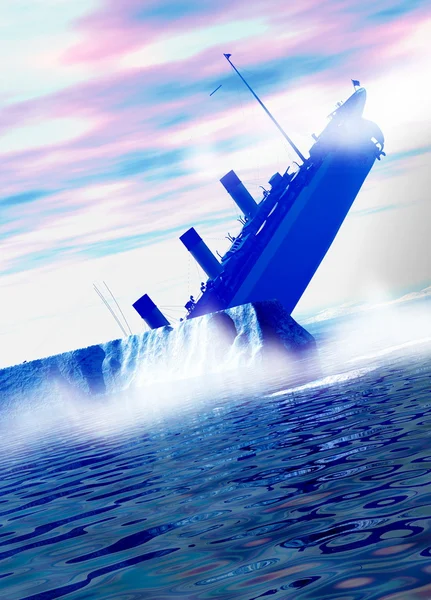 Titanic ship sinking behind large iceberg in deep water.