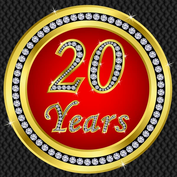 20 years anniversary, happy birthday golden icon with diamonds, vector illu