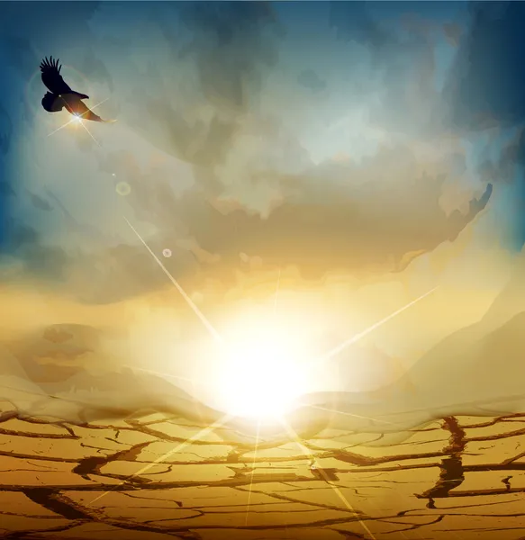 Vector desert landscape with rising sun and an eagle flying high