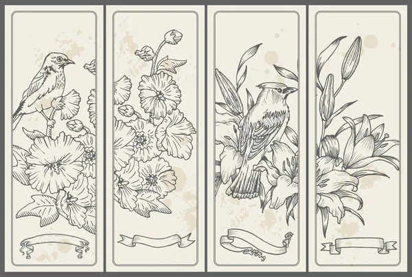 Retro Flower and Bird Banners - hand drawn in vector
