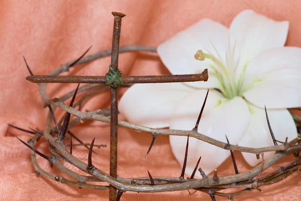 Crown of Thorns, crucifix and Easter white Lily