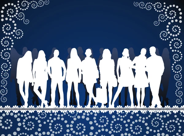 Young peoples silhouettes on blue pattern