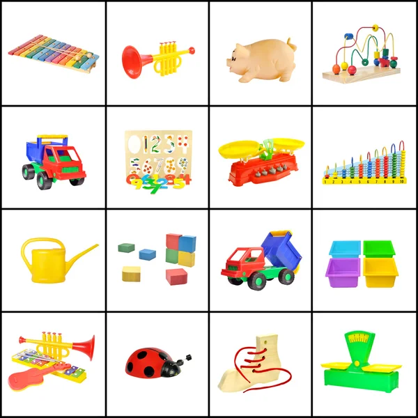 A collage of children's toys