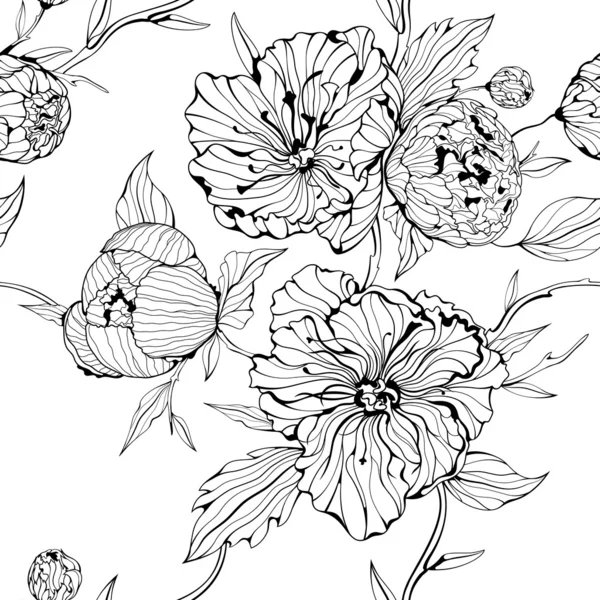 Vector black and white seamless background with flowers