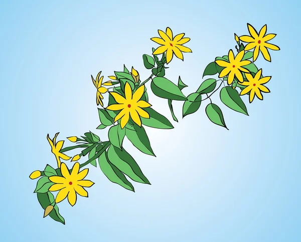 Branch with green leaves and yellow flowers