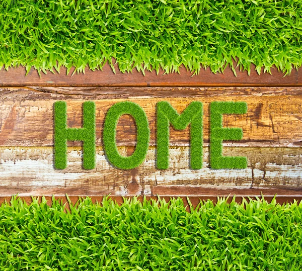 Green grass home word on wood background