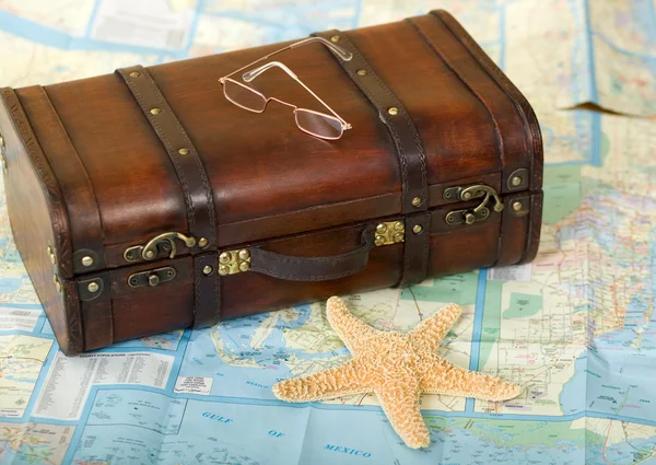 Old Retro Suitcase, Map, Starfish