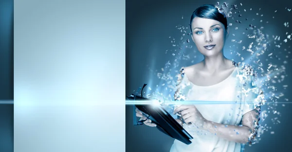 Poster photo of young pretty woman using her tablet computer and falling to pieces. Virtual life concept. Frozen cold look