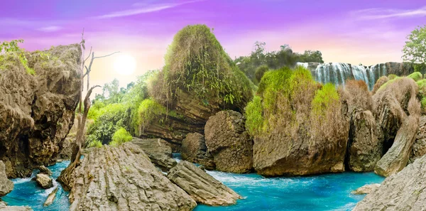 Beautiful panoramic landscape view of wild forest and waterfall, Dalat, Vietnam