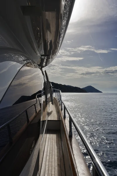 Italy, Tuscany, Elba Island, view of the coastline from a luxury yacht