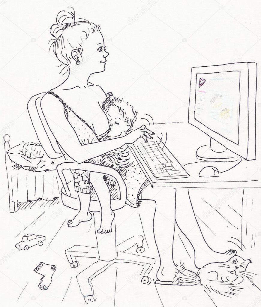 Мама за компьютером рисунок