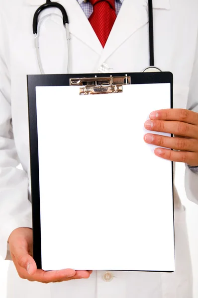 Close-up of a doctor showing blank clipboard to write it on your