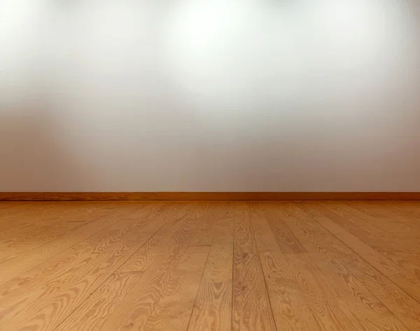 Empty white wall with spot lights and wooden floor