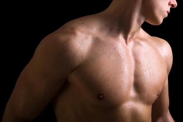 Beauty naked torso of young muscular man on black background