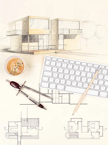 House sketch, coffee, pencil, keyboard and compasses