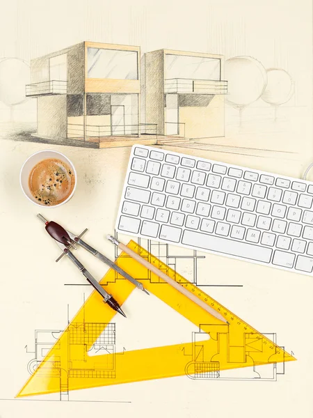 House sketch, coffee, square, keyboard and compasses