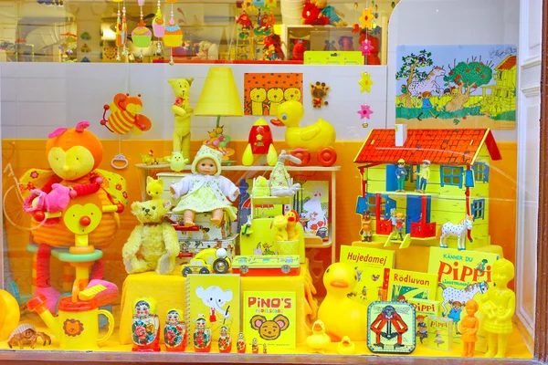 Showcase of the Yellow Toys shop in Stockholm