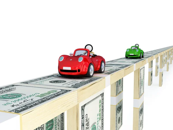 Red and green cars driving on a bridge made of money