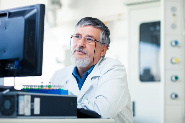 Senior researcher using a computer in the lab