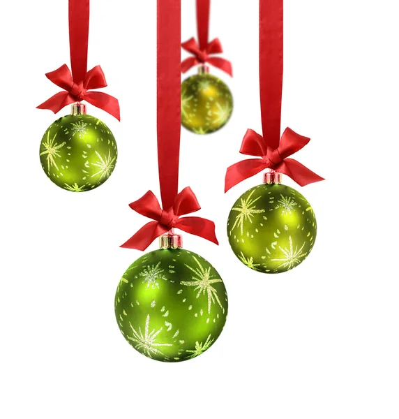 Green Christmas balls red ribbon