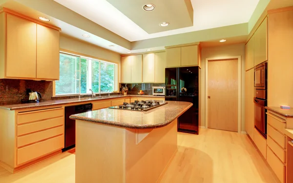 KItchen with honey wood and green walls.