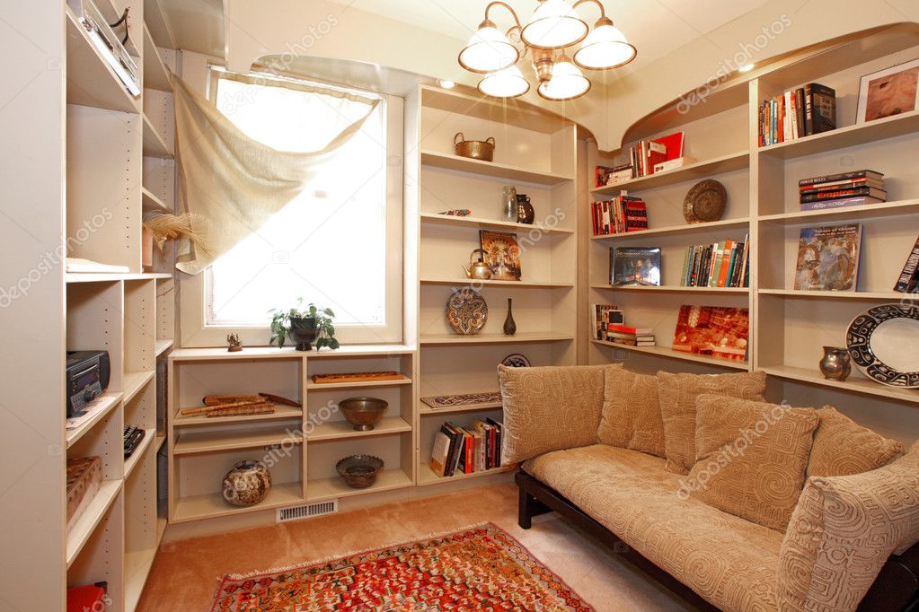 Sala de lectura con construir en estantes y acogedor sofá — foto ...