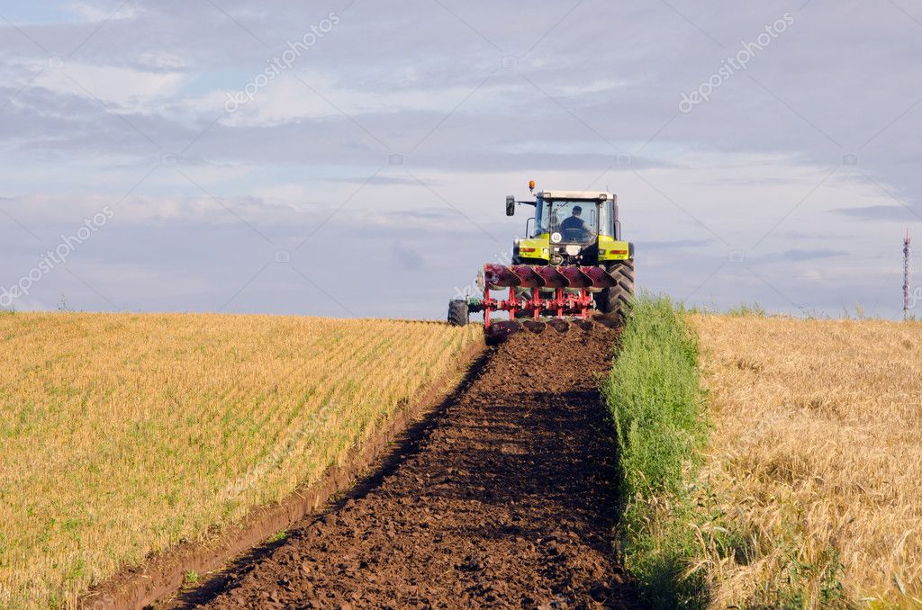 Tractor plow agricultural field harvested land — Stock Photo © sauletas