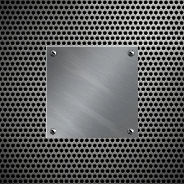 Brushed aluminum plate bolted to a perforated metal background