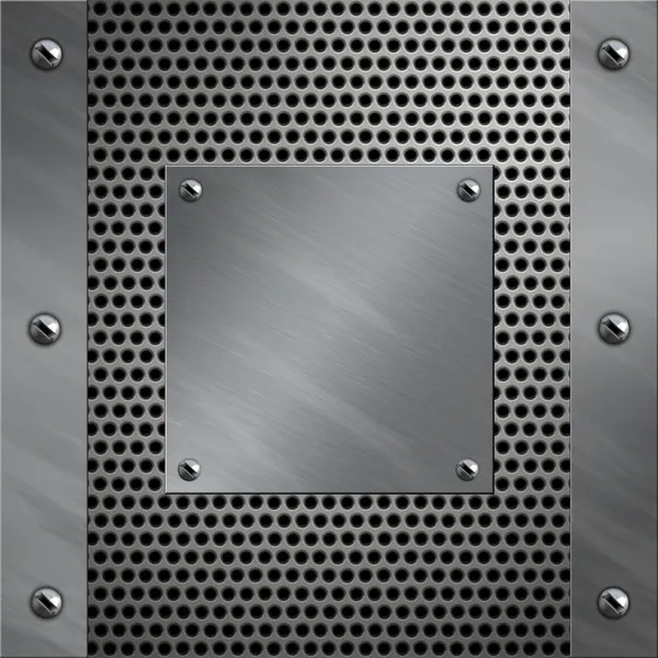 Brushed aluminum frame and plate bolted to a perforated metal background