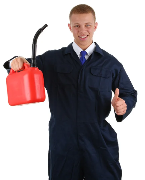 A guy holding a fuel can with a thumbs up sign
