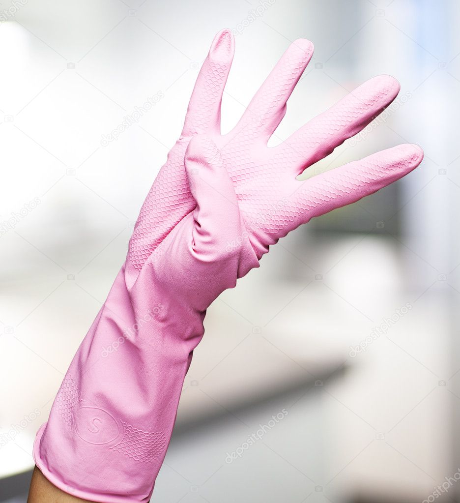 Busty girl pink rubber gloves milks