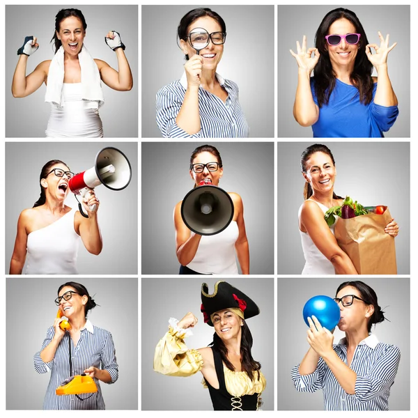 Composition of funny woman over grey background