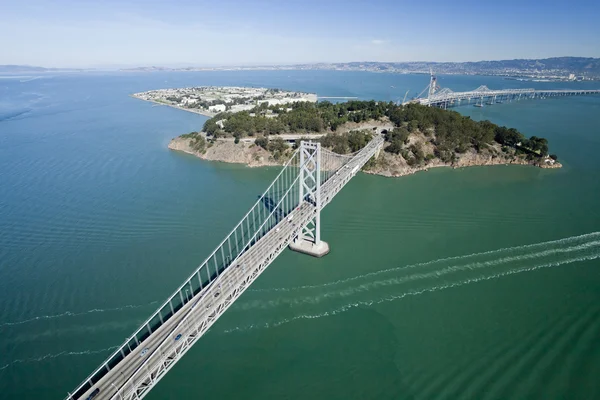 San Francisco Bay bridge aerial view w Treasure Island