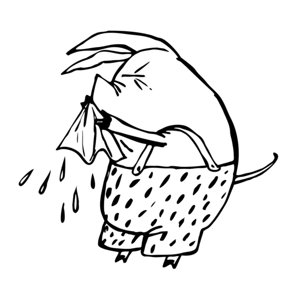 Pig sneezes into a handkerchief. Colds, the flu.