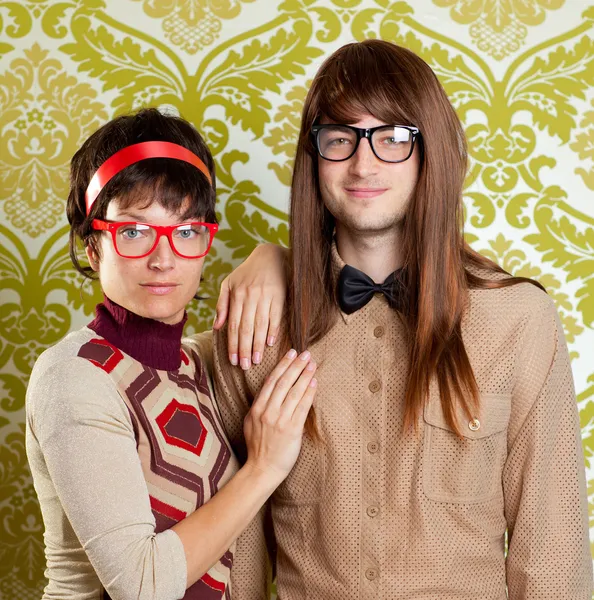 Funny humor nerd couple on vintage wallpaper