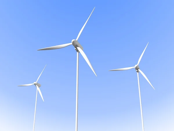 Modern white wind turbines or wind energy mills