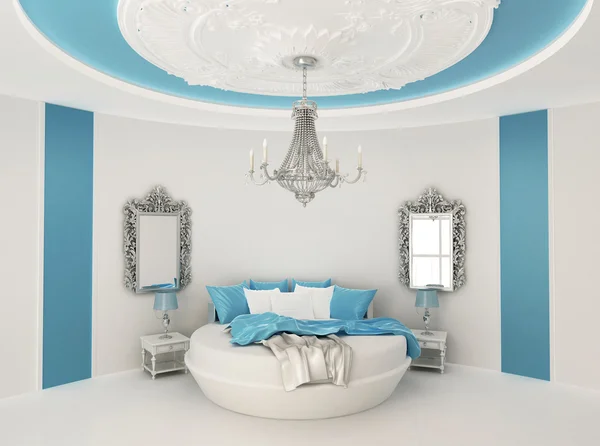 Round bed in baroque interior. Luxurious furniture in Blue room