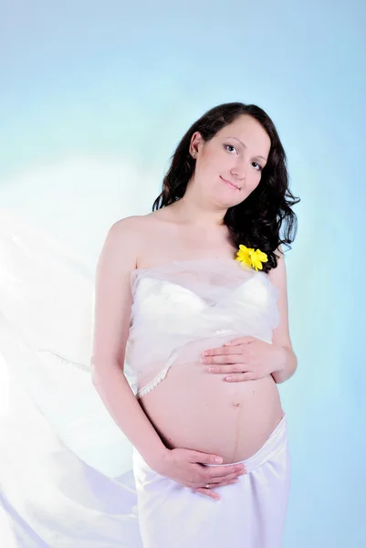 The young pregnant girl in a white developing fabric