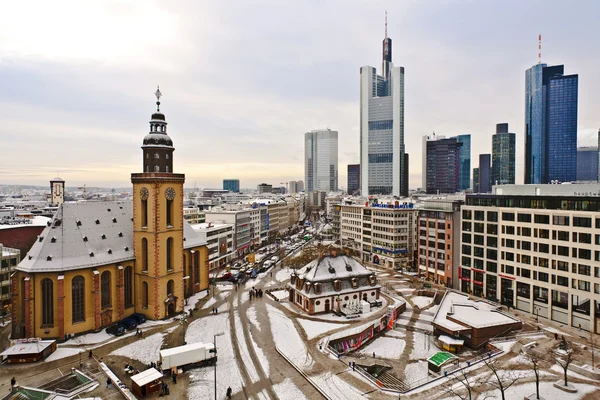 View to skyline of Frankfurt with Hauptwache and skyscraper ear