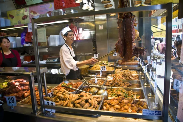 A chinese restaurant offers chinese cookings like duck ,rice,noo