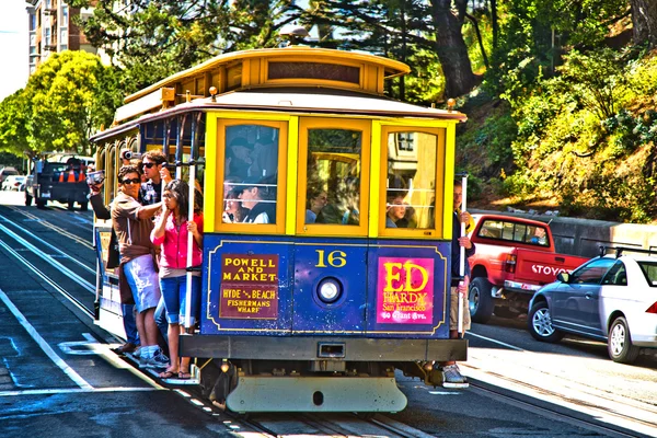 Cable Car passes the Powell street in rush hour
