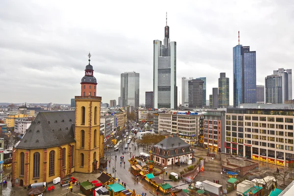 View to skyline of Frankfurt with Hauptwache and skyscraper in r