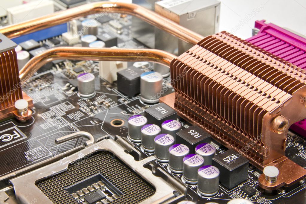 Copper cooling system on the PC motherboard — Stock Photo © kaparulin