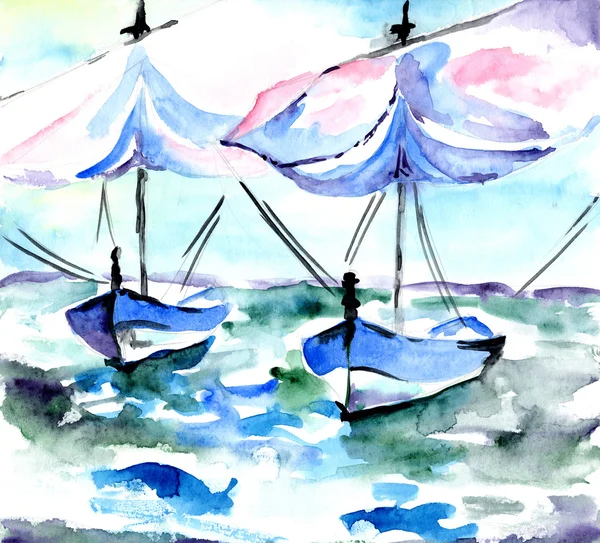 Boats on dark blue water on a wind a water color