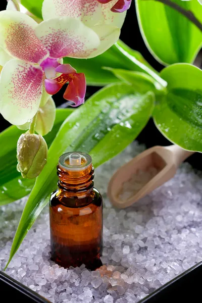 Bottle of essential oil with orchid flowers and bath salt