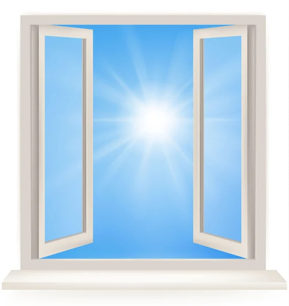 Open window against a white wall and the cloudy sky and sun. Conceptual shot of freedom and dreaming in real estate business. Vector