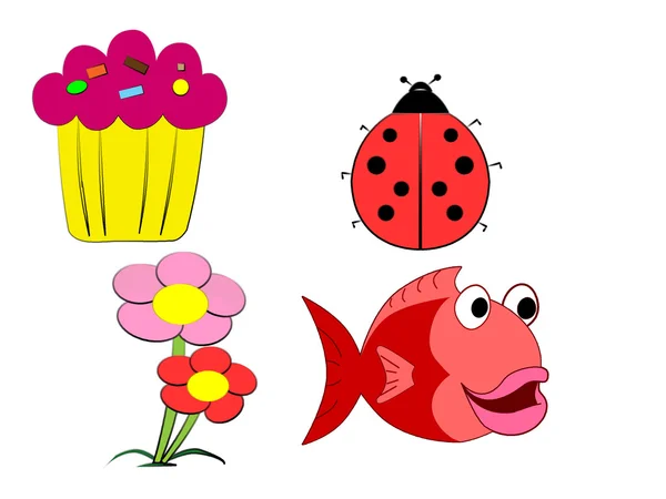 Child s Drawing A cake a ladybug flowers and a fish