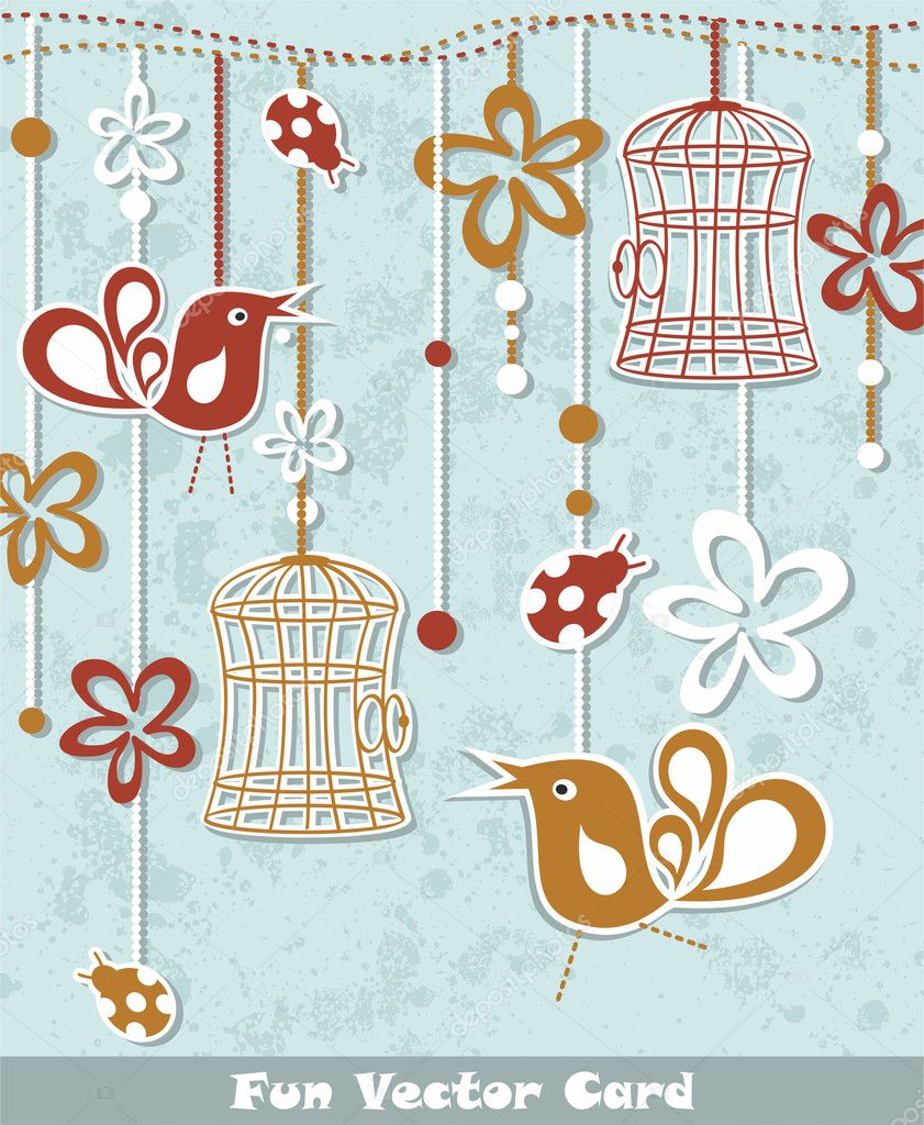 Wedding invitation card with a bird cage and flowers