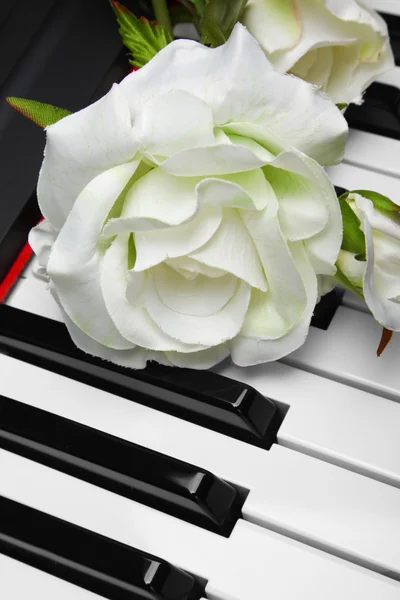 Artificial white rose on piano — Stock Photo #9726813